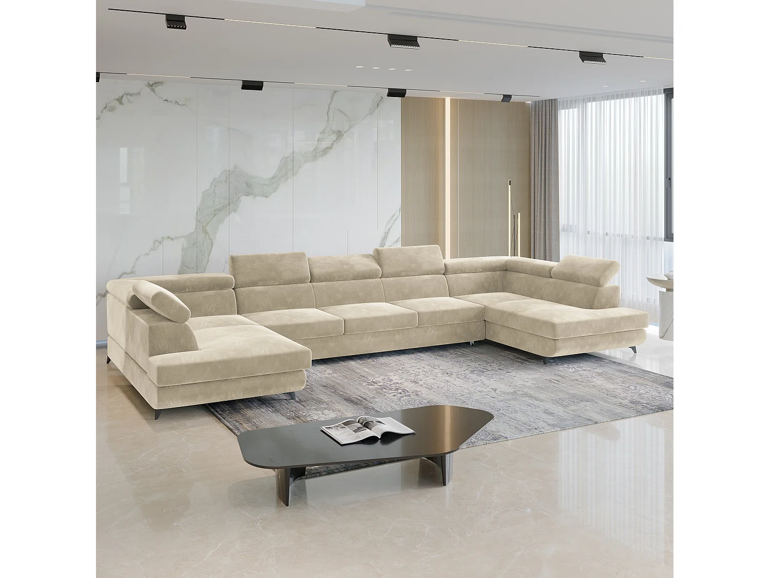 Canapé d'angle URMANO Crème en velours avec fonction de couchage