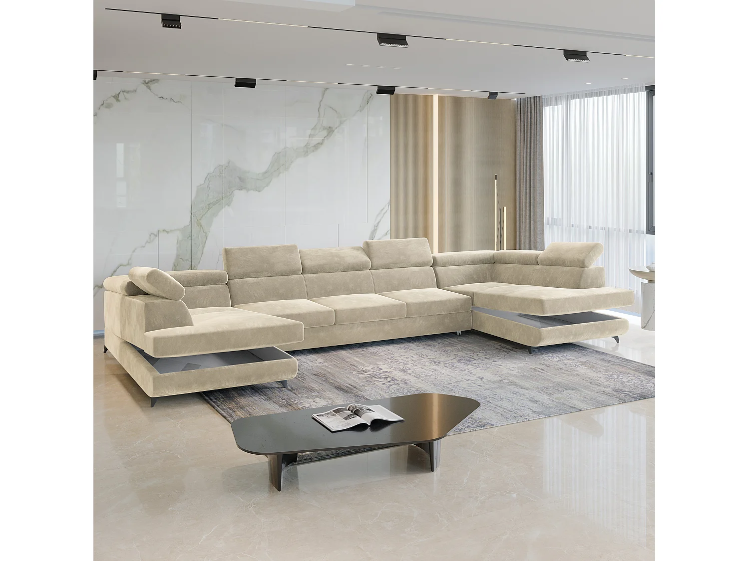 Canapé d'angle URMANO Crème en velours avec fonction de couchage