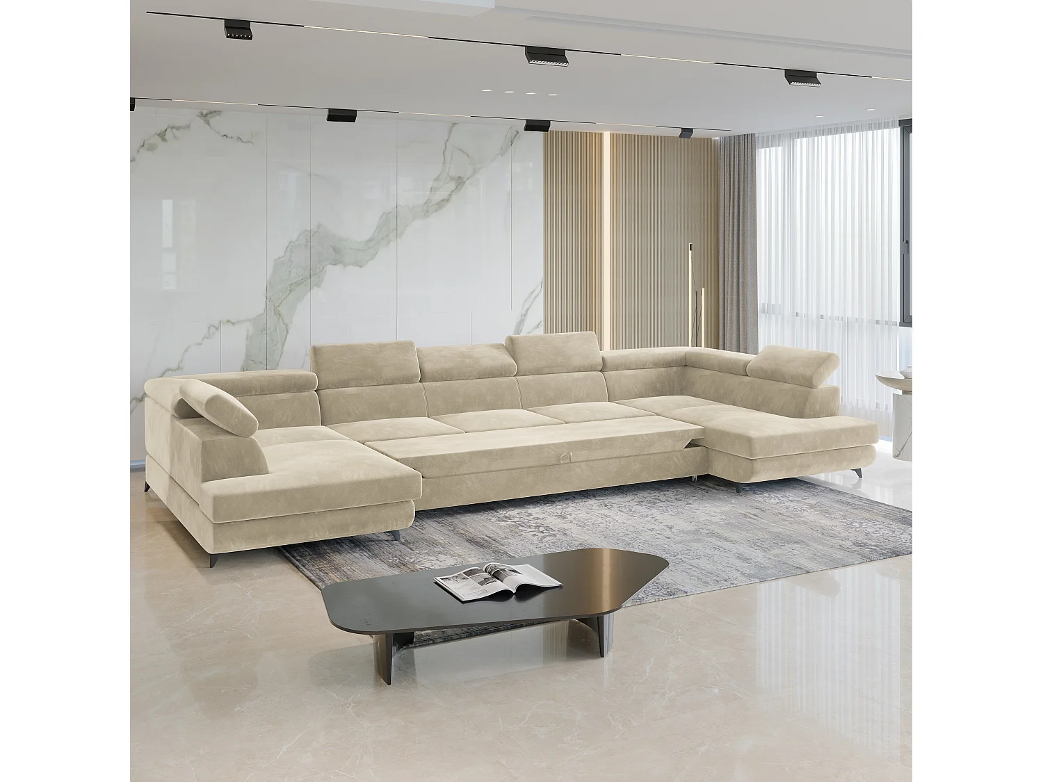 Canapé d'angle URMANO Crème en velours avec fonction de couchage