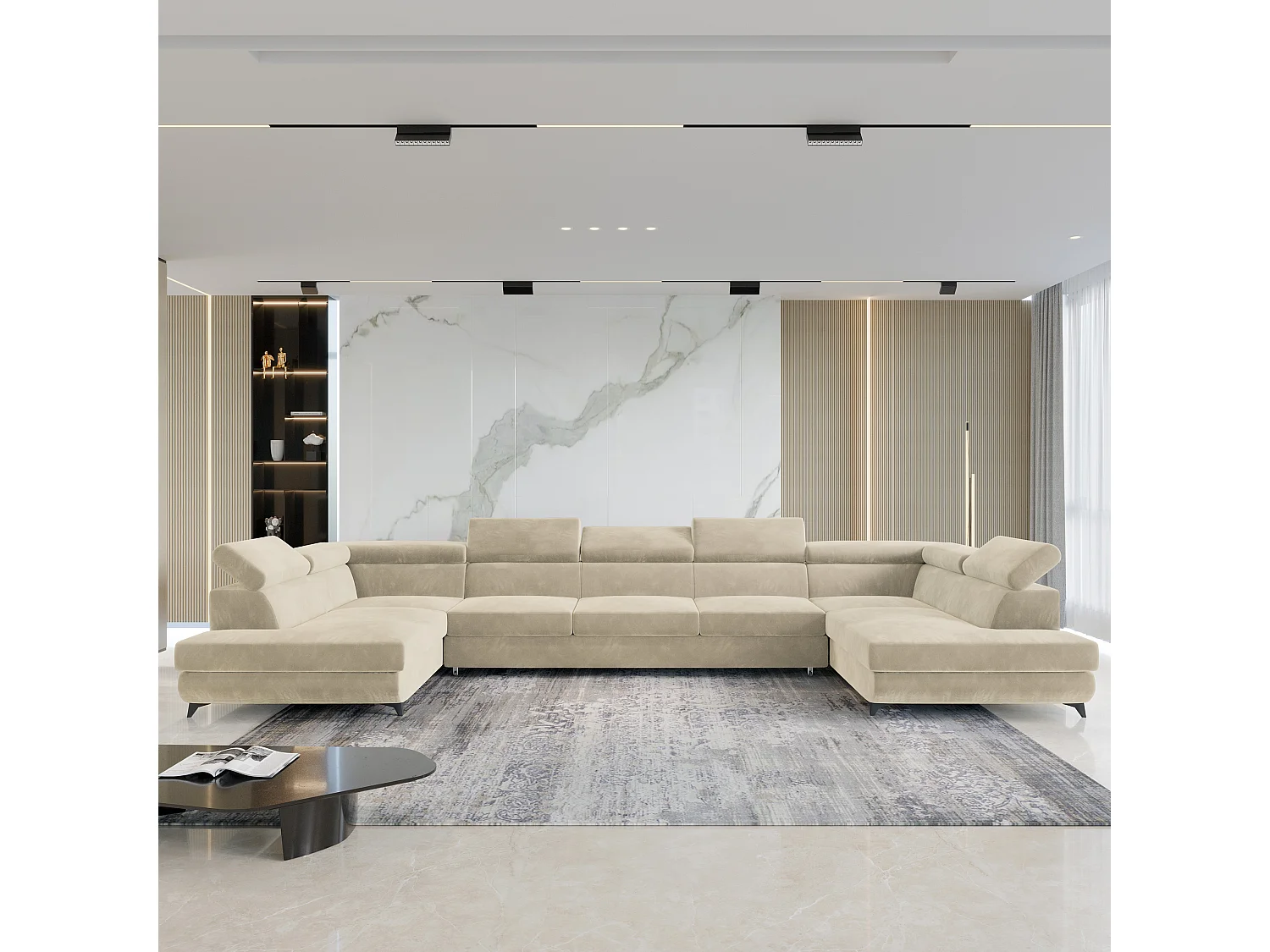 Canapé d'angle URMANO Crème en velours avec fonction de couchage