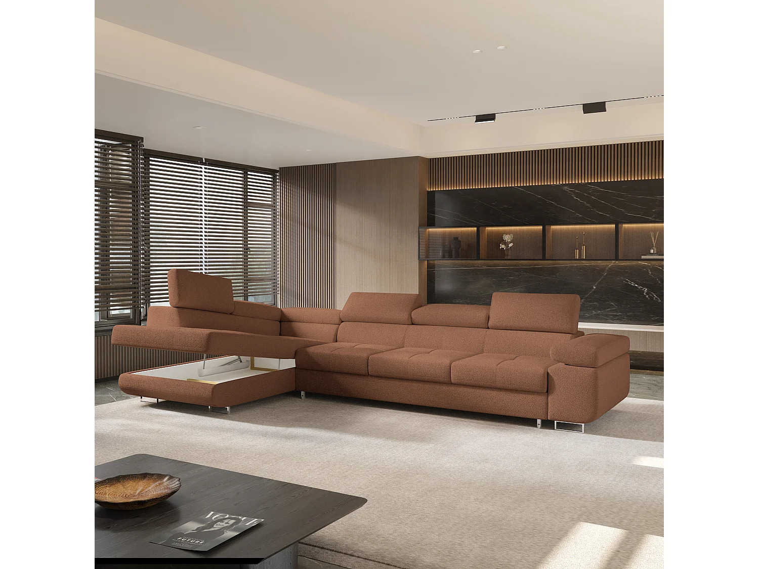 Hoekbank VICENTE van fluweel met slaapfunctie Orange