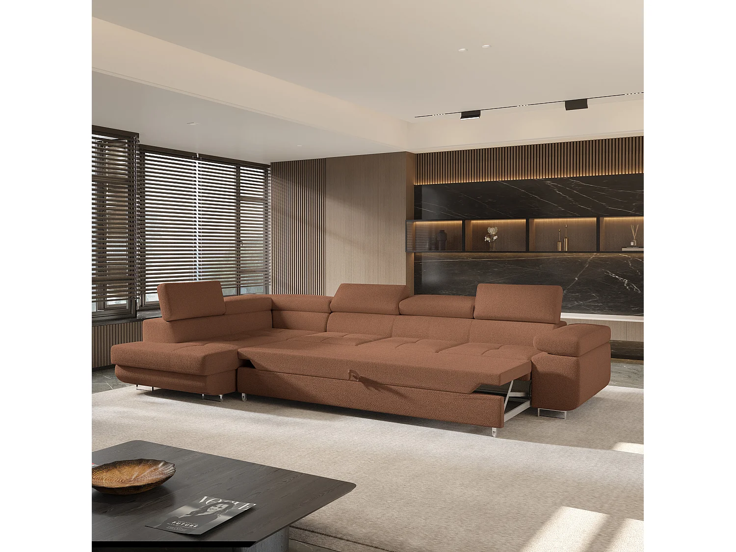 Hoekbank VICENTE van fluweel met slaapfunctie Orange