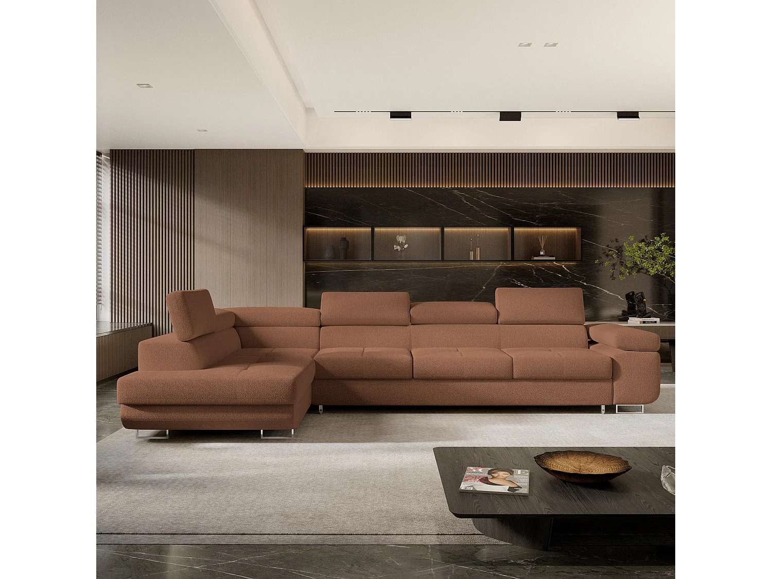 Hoekbank VICENTE van fluweel met slaapfunctie Orange