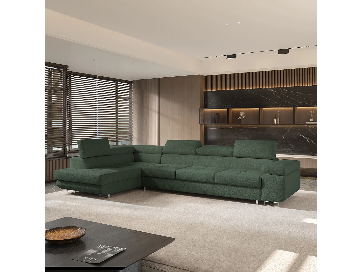 Hoekbank VICENTE van fluweel met slaapfunctie Grün