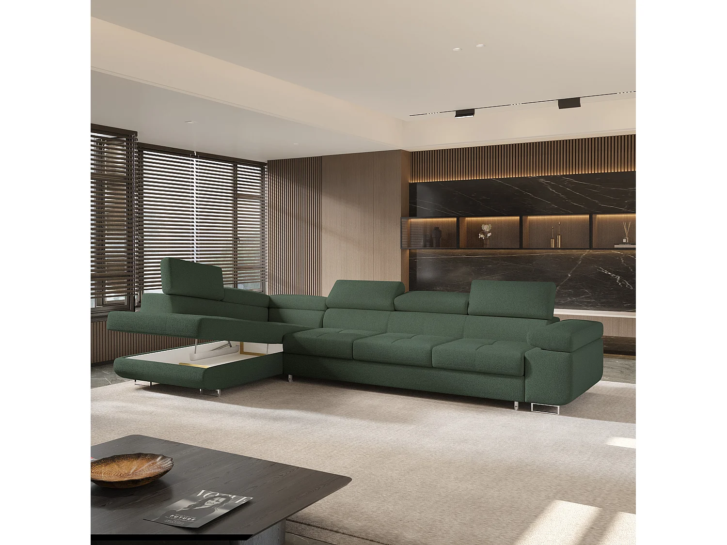 Hoekbank VICENTE van fluweel met slaapfunctie Grün
