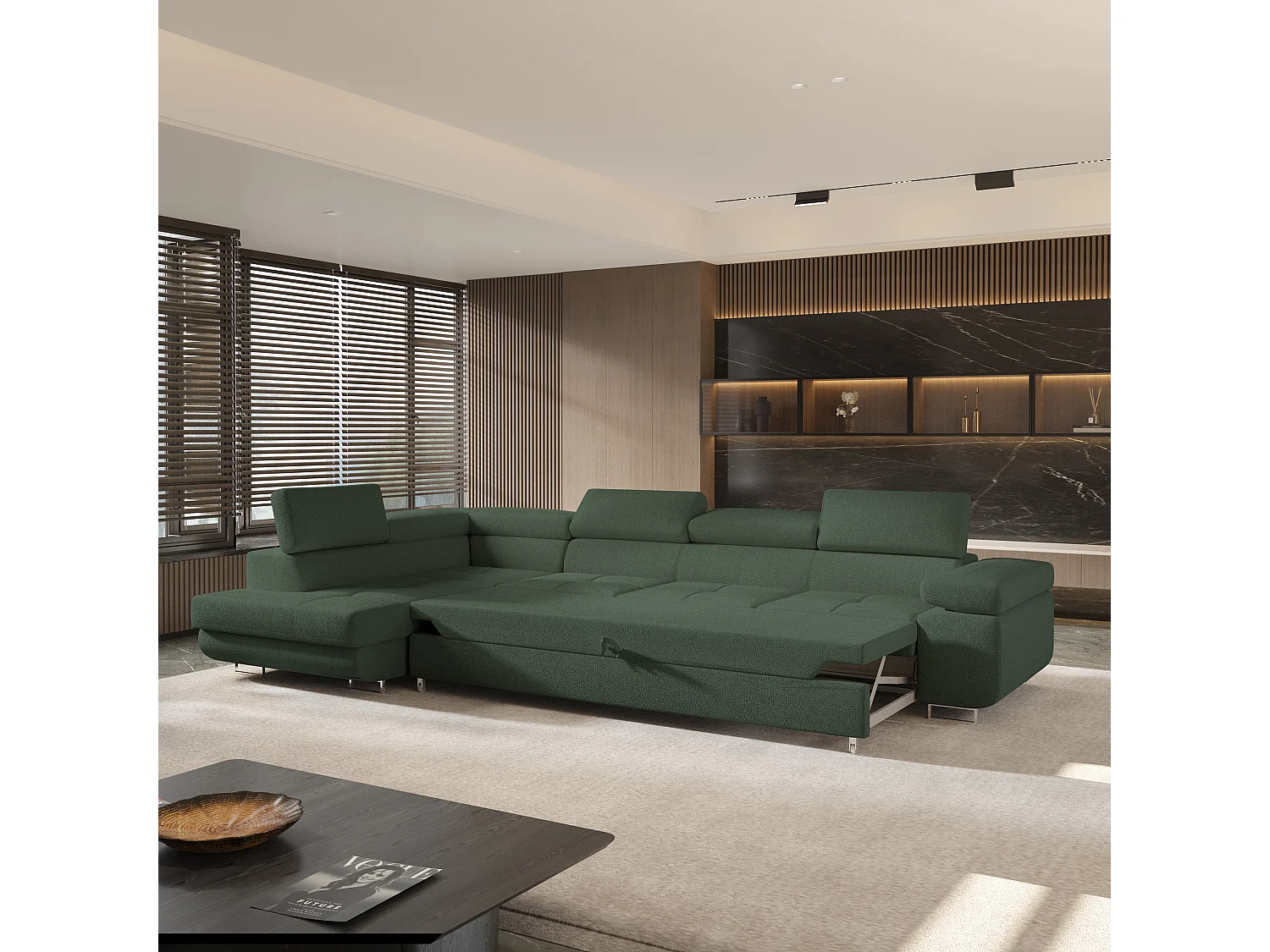 Hoekbank VICENTE van fluweel met slaapfunctie Grün