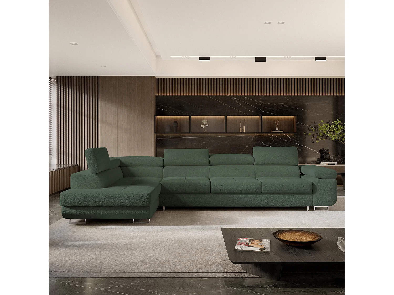 Hoekbank VICENTE van fluweel met slaapfunctie Grün
