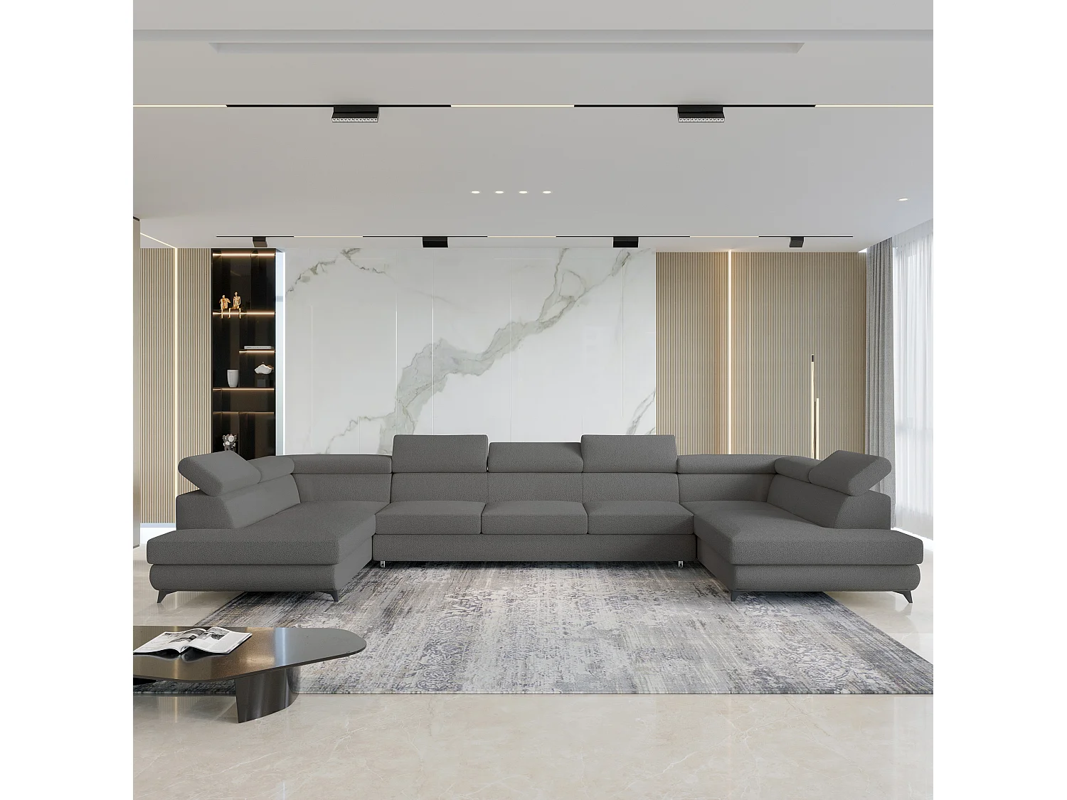 Canapé d'angle URMANO Gris en bouclé avec fonction de couchage