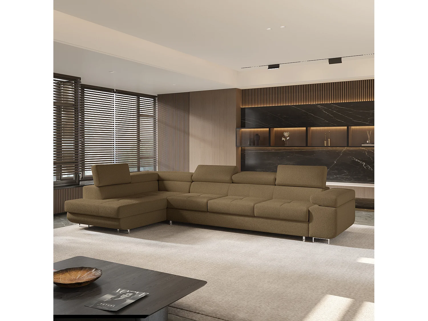 Hoekbank VICENTE van fluweel met slaapfunctie Orange