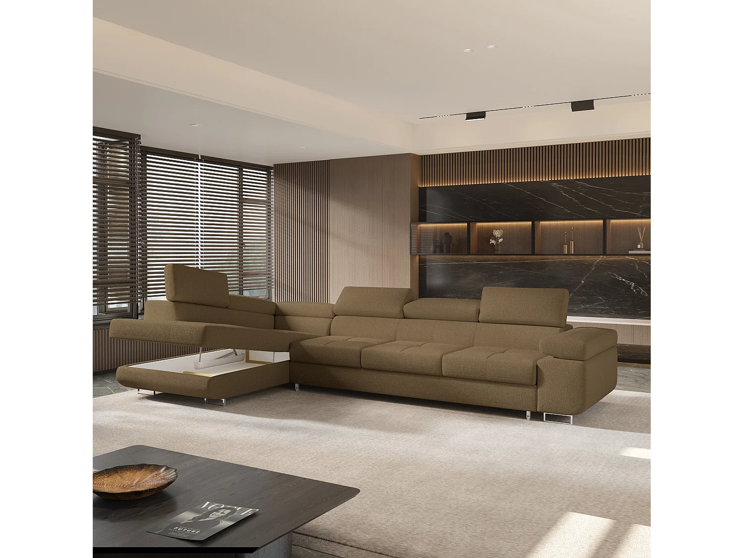 Hoekbank VICENTE van fluweel met slaapfunctie Orange