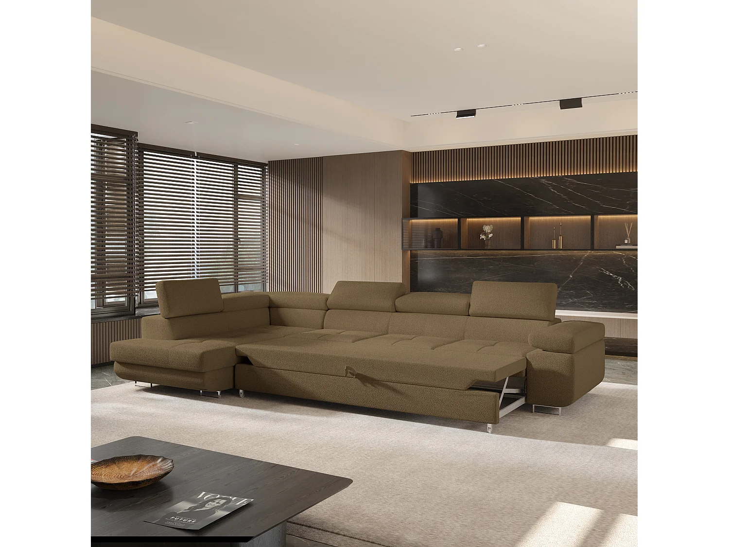 Hoekbank VICENTE van fluweel met slaapfunctie Orange