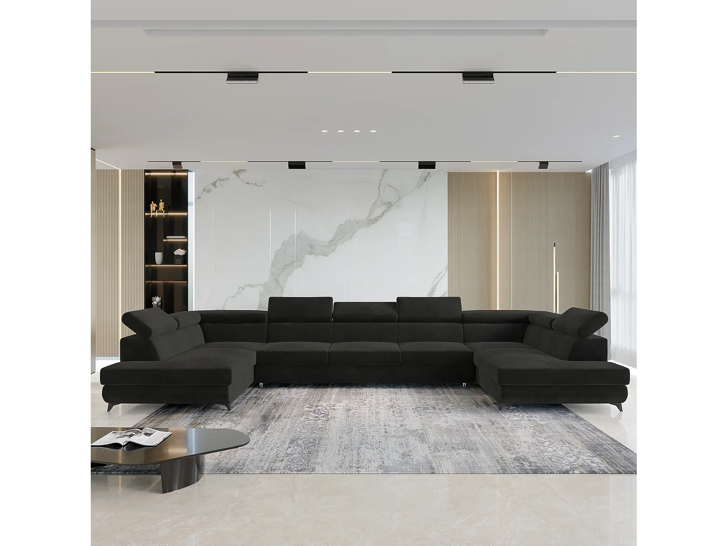 Canapé d'angle URMANO Noir en velours avec fonction de couchage