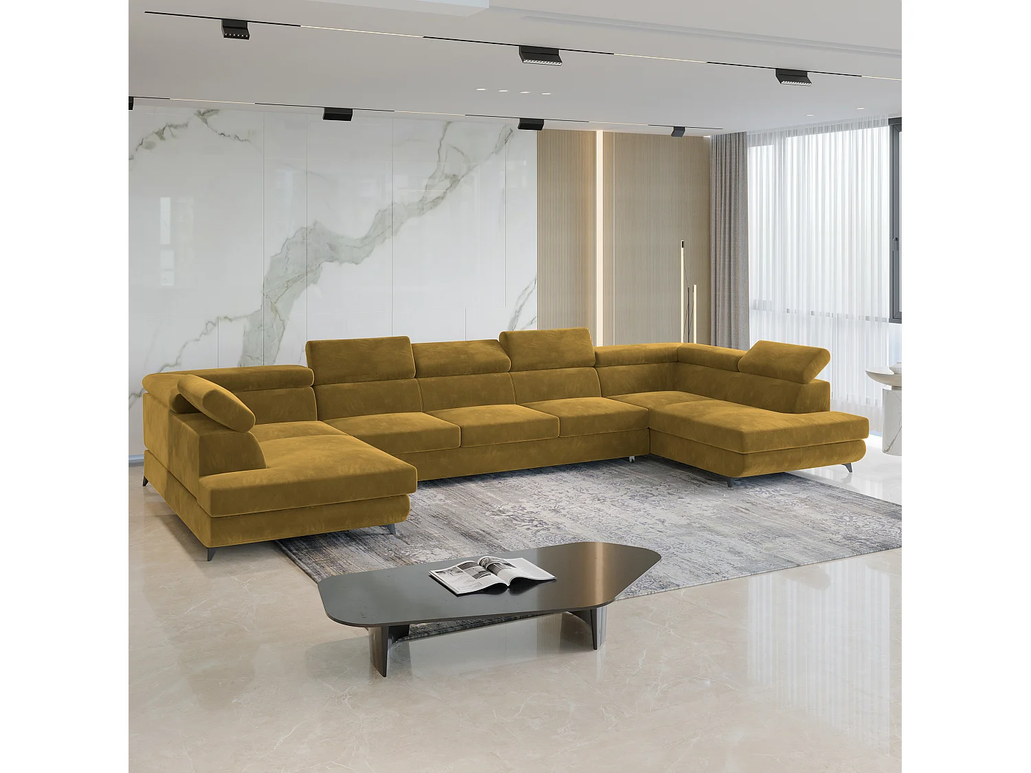 Canapé d'angle URMANO Jaune en velours avec fonction de couchage