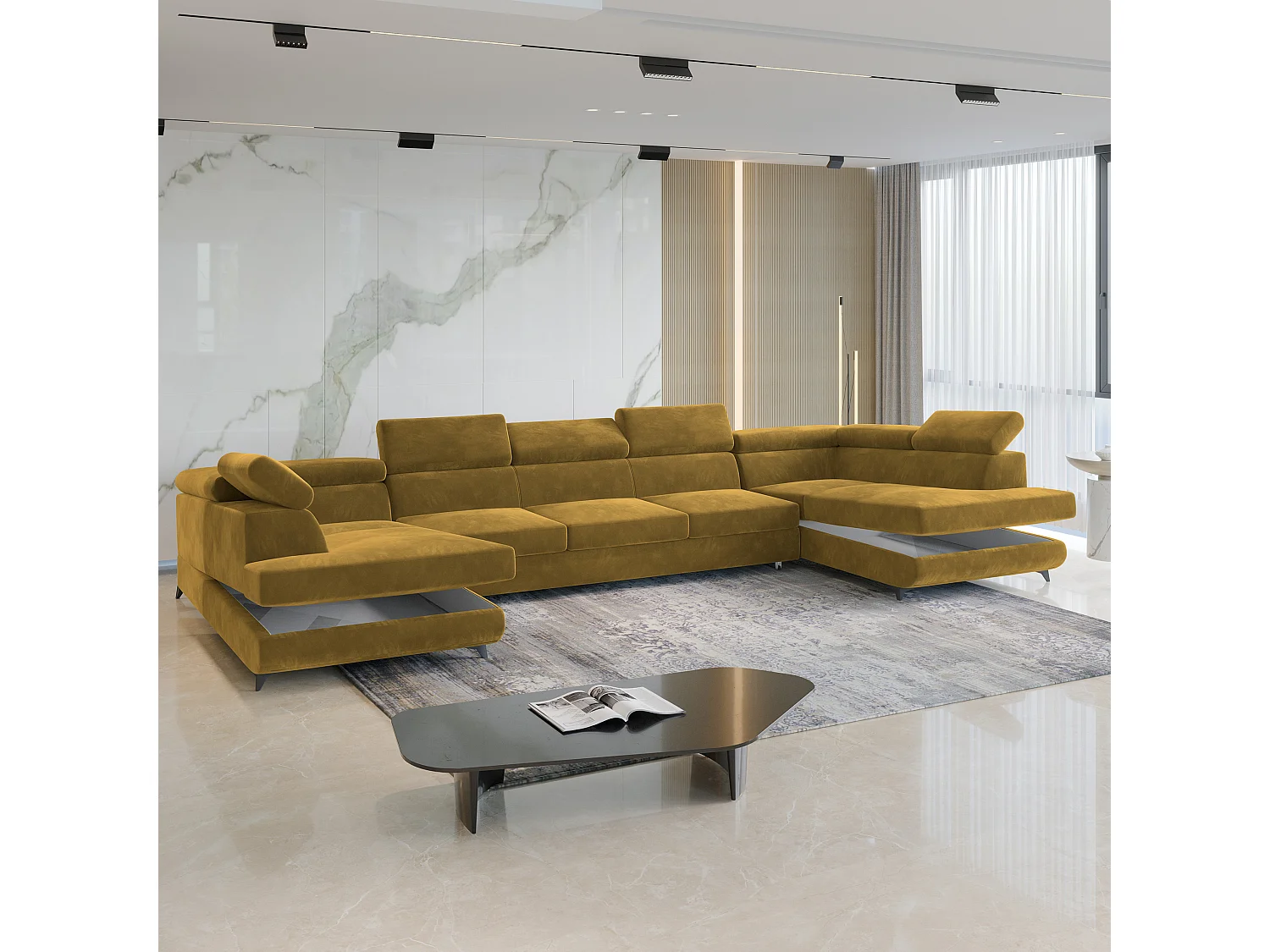 Canapé d'angle URMANO Jaune en velours avec fonction de couchage