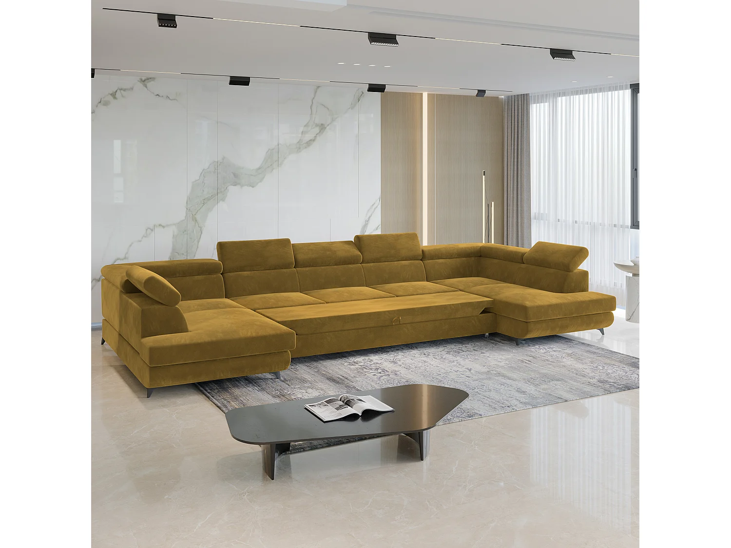 Canapé d'angle URMANO Jaune en velours avec fonction de couchage