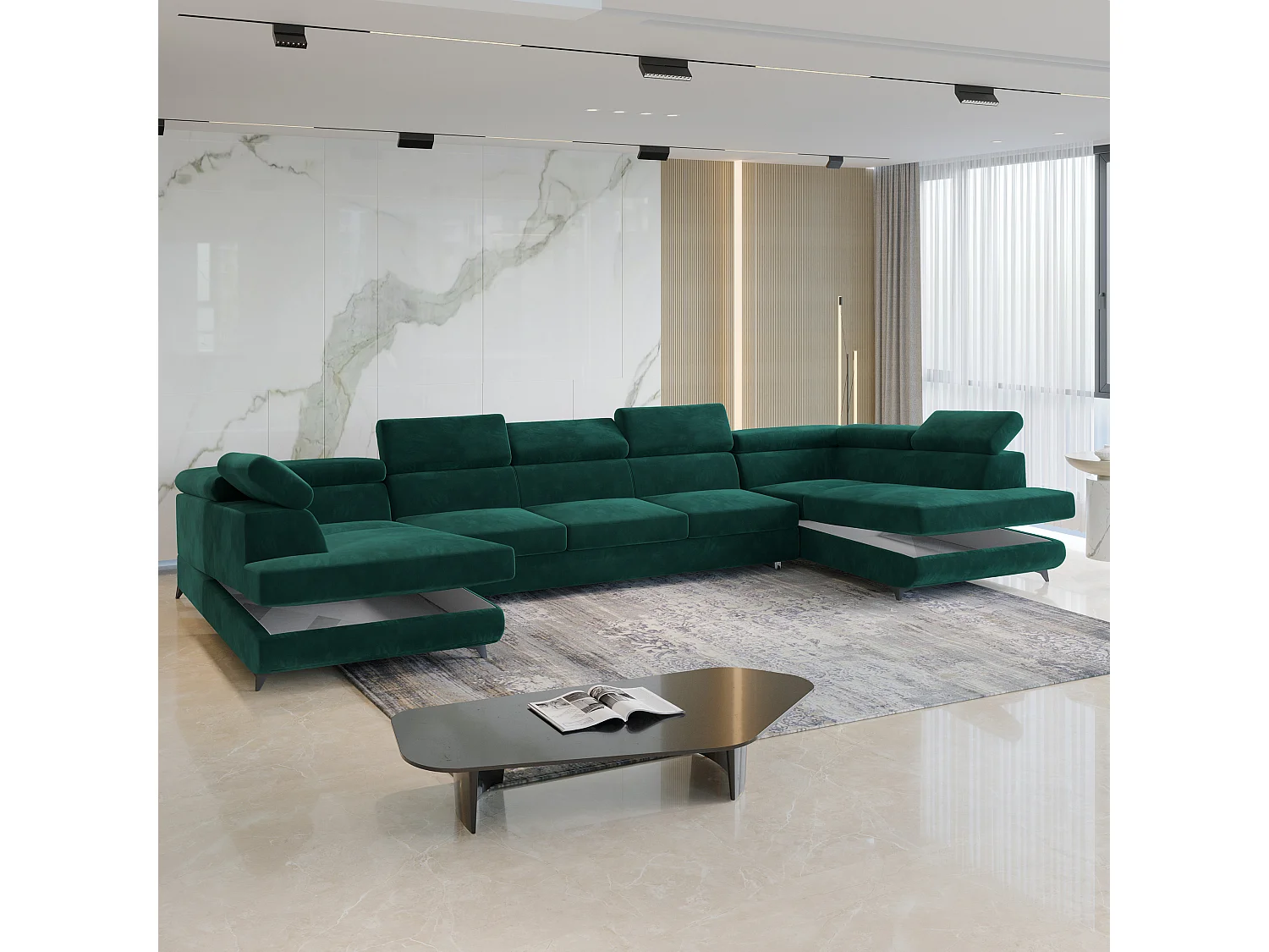 Canapé d'angle URMANO Vert en velours avec fonction de couchage