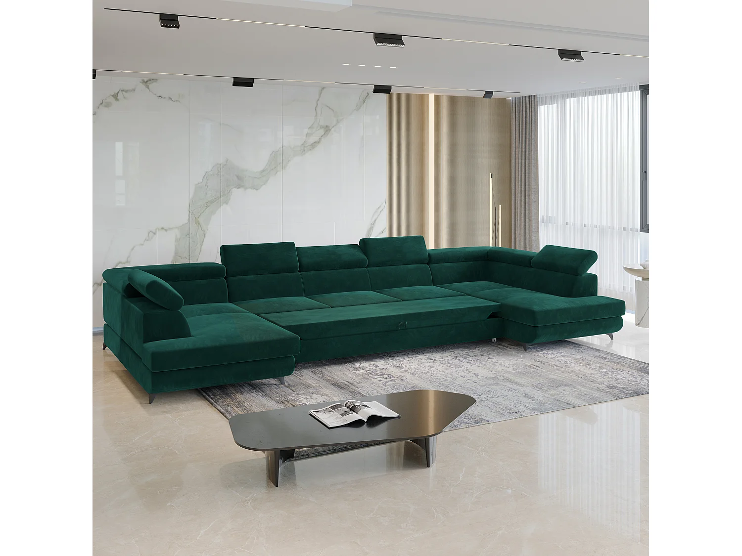 Canapé d'angle URMANO Vert en velours avec fonction de couchage