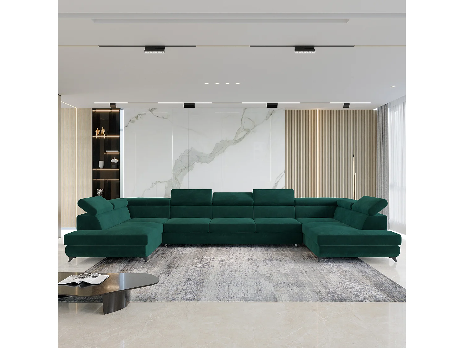 Canapé d'angle URMANO Vert en velours avec fonction de couchage