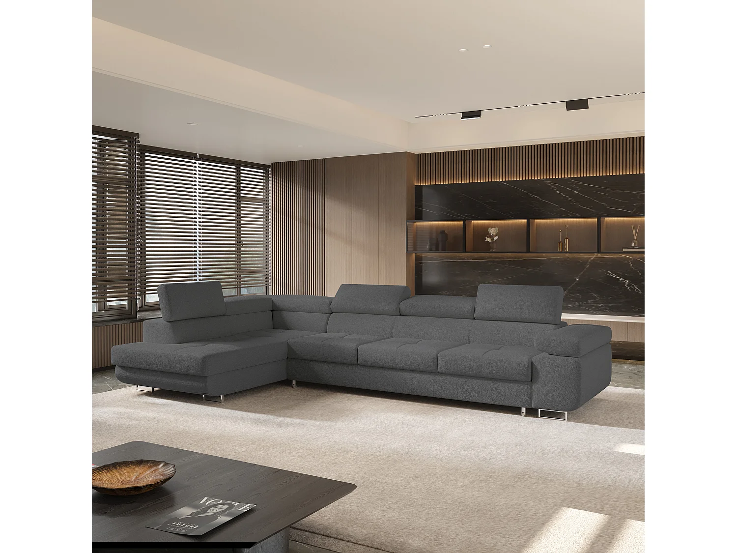 Hoekbank VICENTE van fluweel met slaapfunctie Grau