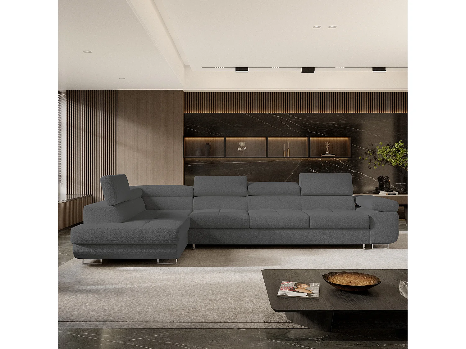 Hoekbank VICENTE van fluweel met slaapfunctie Grau