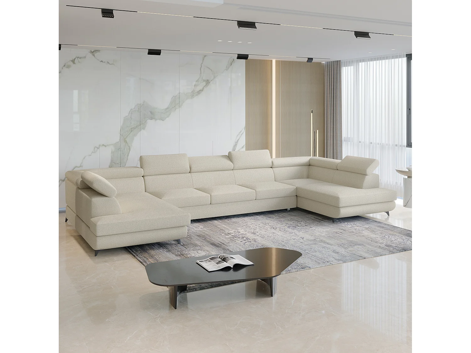 Hoekbank URMANO van fluweel met slaapfunctie Creme