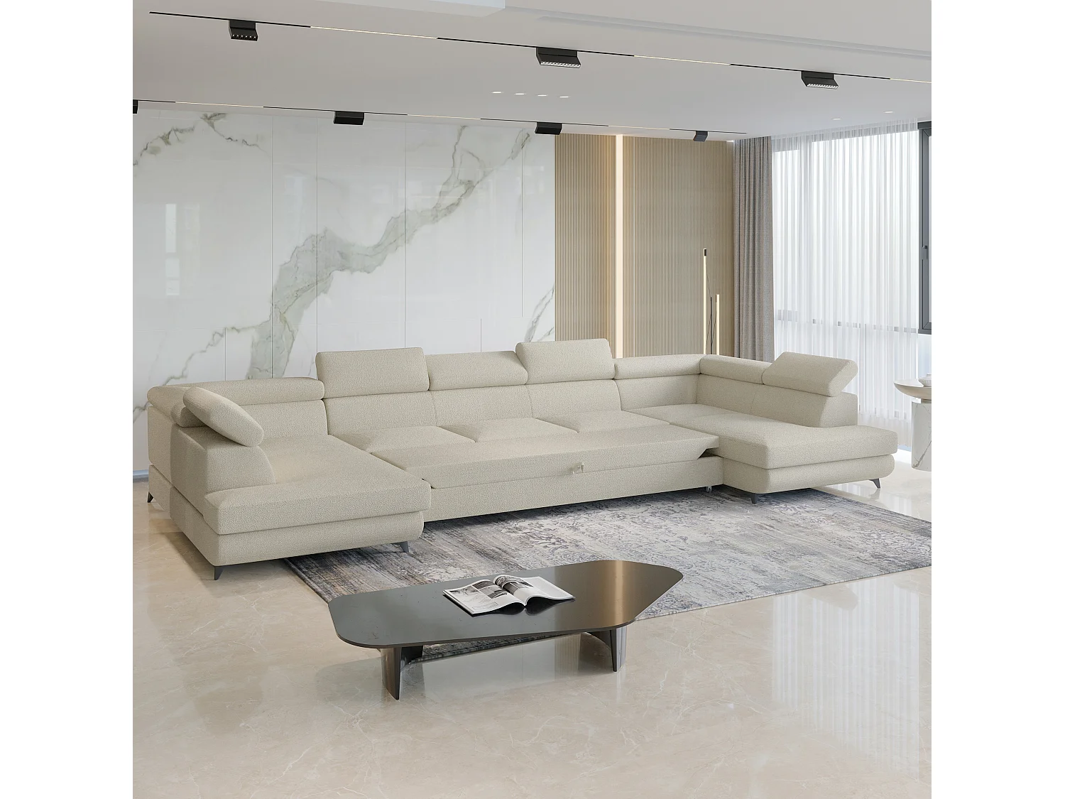 Hoekbank URMANO van fluweel met slaapfunctie Creme