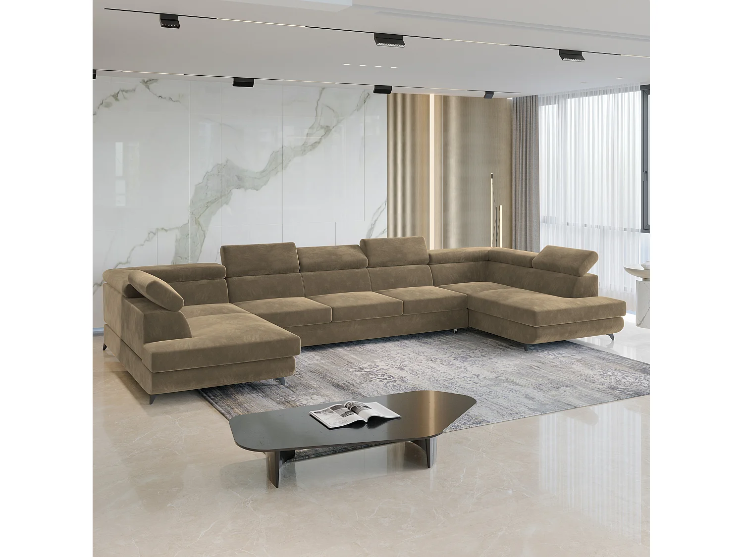 Hoekbank URMANO van fluweel met slaapfunctie Beige