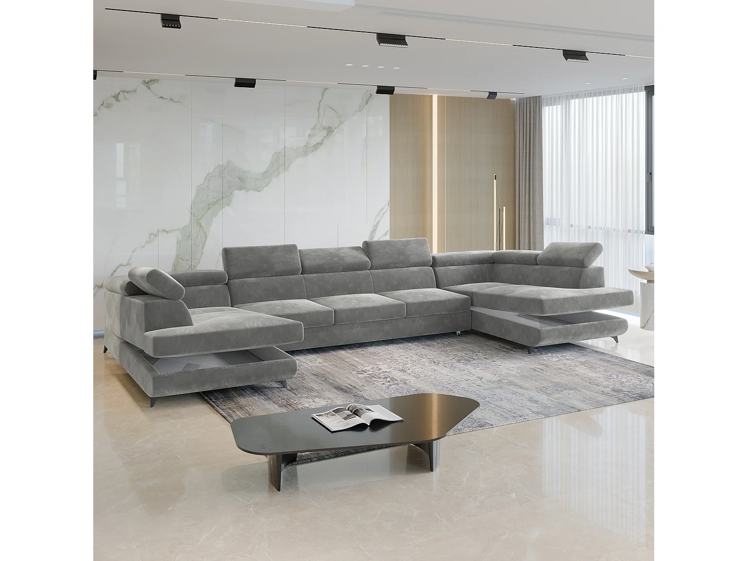 Hoekbank URMANO van fluweel met slaapfunctie Beige