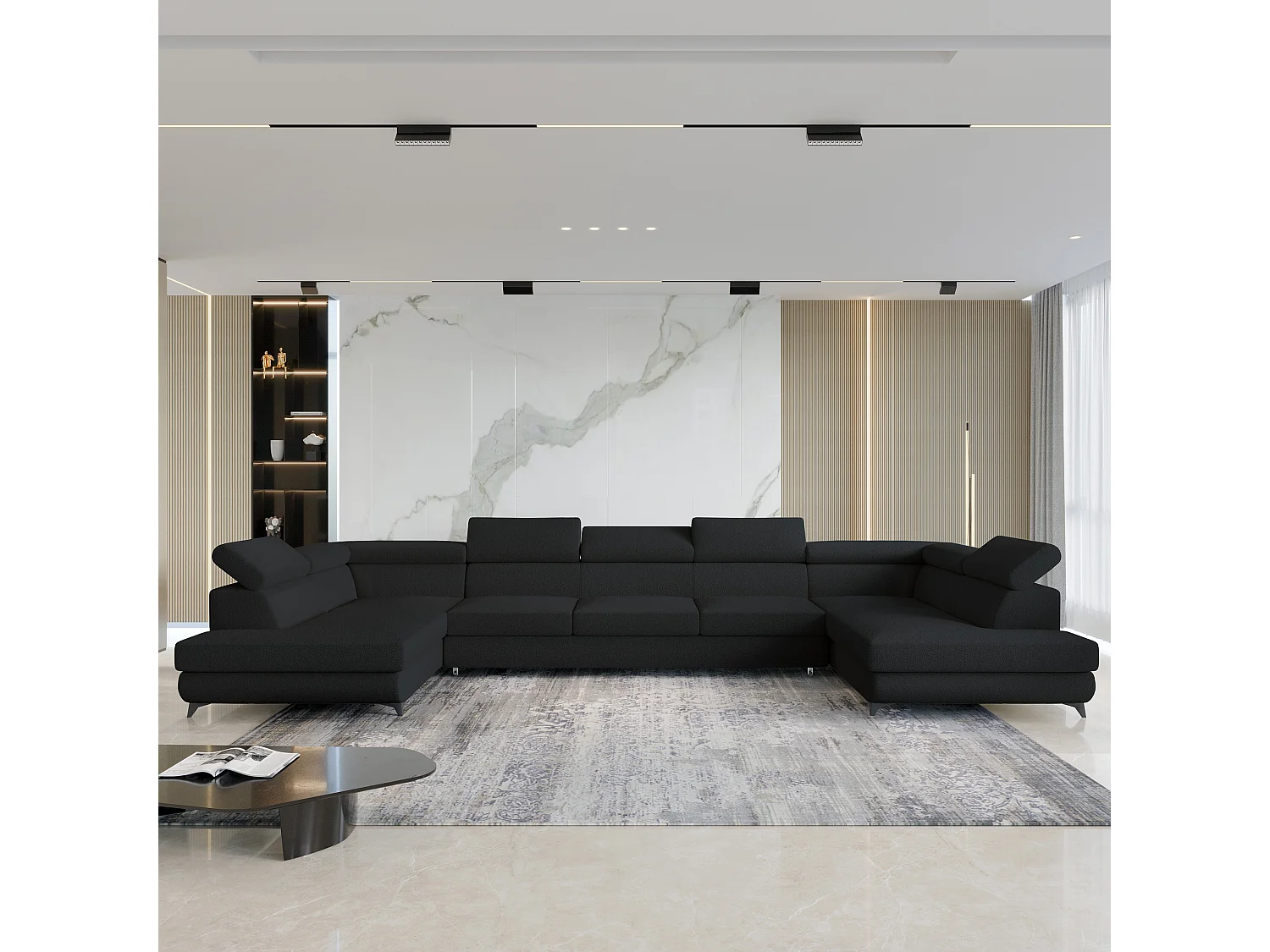 Canapé d'angle URMANO Noir en bouclé avec fonction de couchage