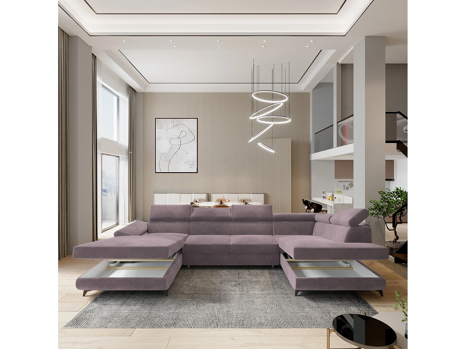 Canapé D'angle Rubano Violet En Velours Avec Fonction De Couchage