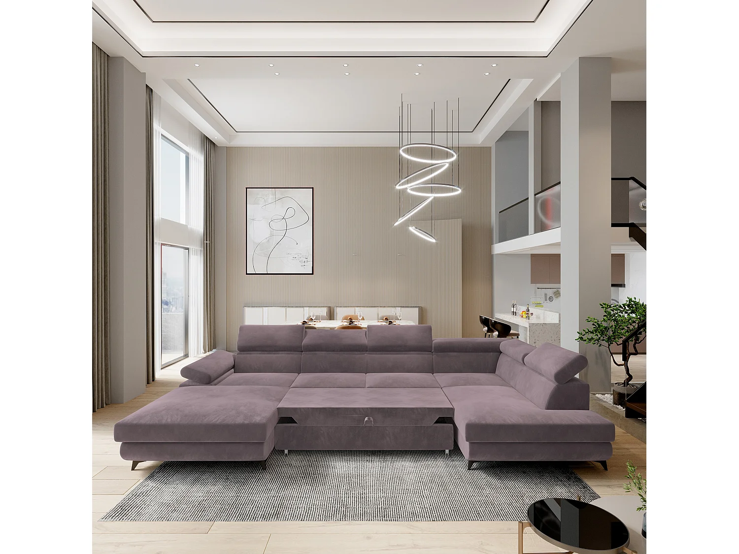 Canapé D'angle Rubano Violet En Velours Avec Fonction De Couchage