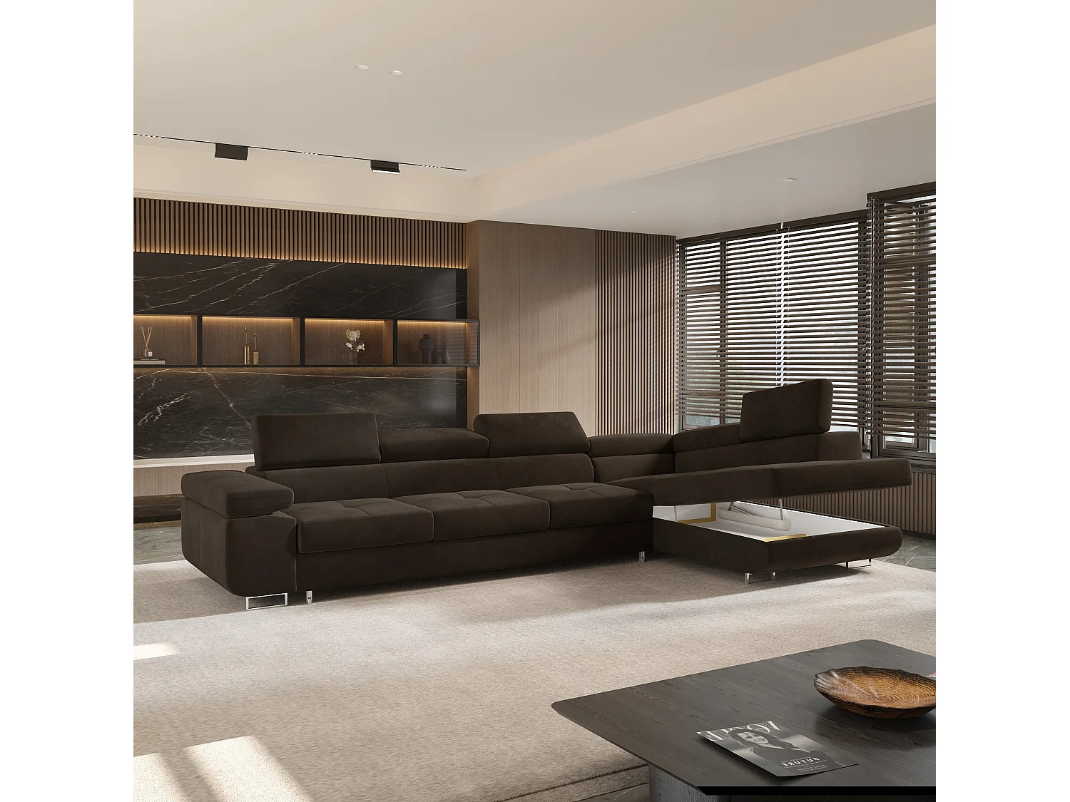 Hoekbank VICENTE van fluweel met slaapfunctie Braun