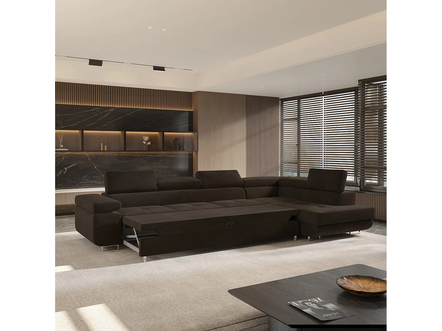 Hoekbank VICENTE van fluweel met slaapfunctie Braun