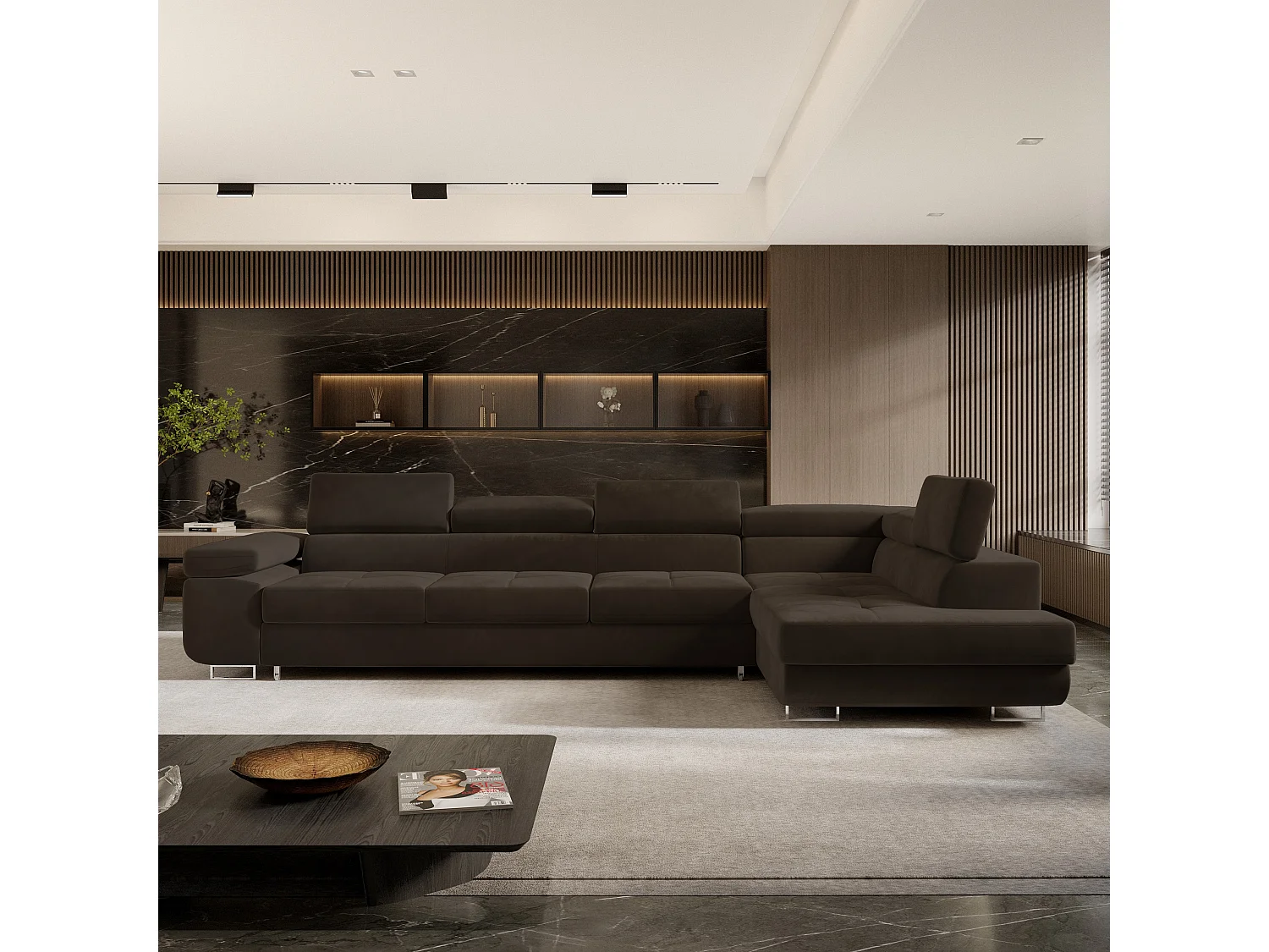 Hoekbank VICENTE van fluweel met slaapfunctie Braun