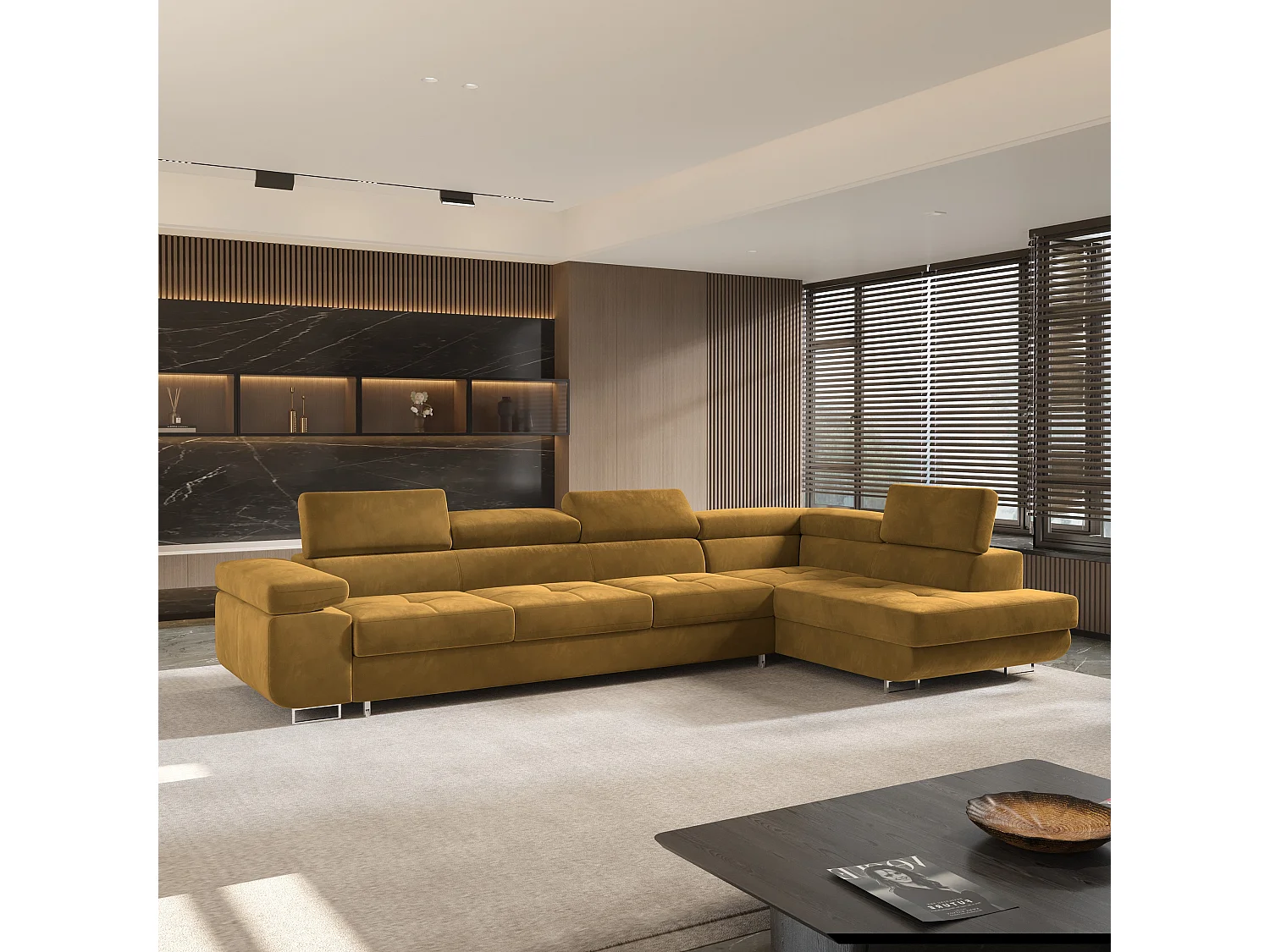 Hoekbank VICENTE van fluweel met slaapfunctie Gelb