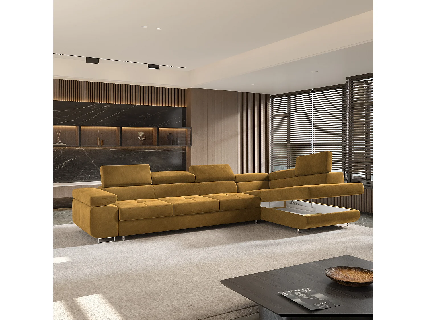 Hoekbank VICENTE van fluweel met slaapfunctie Gelb