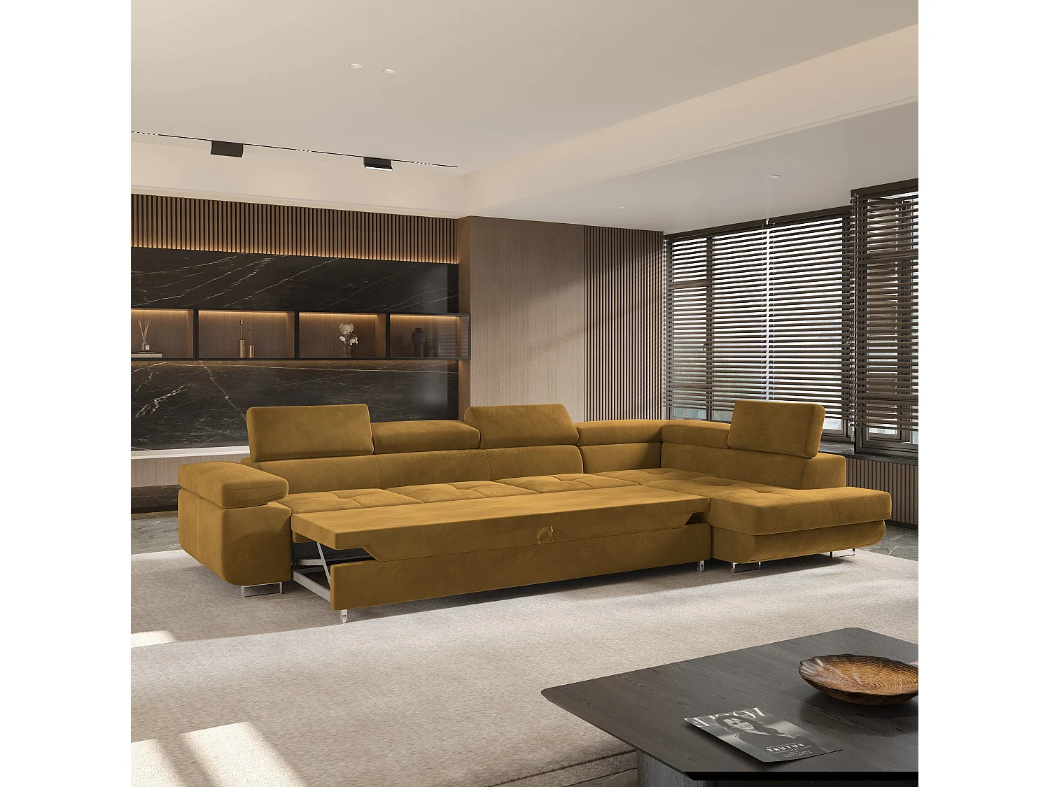 Hoekbank VICENTE van fluweel met slaapfunctie Gelb