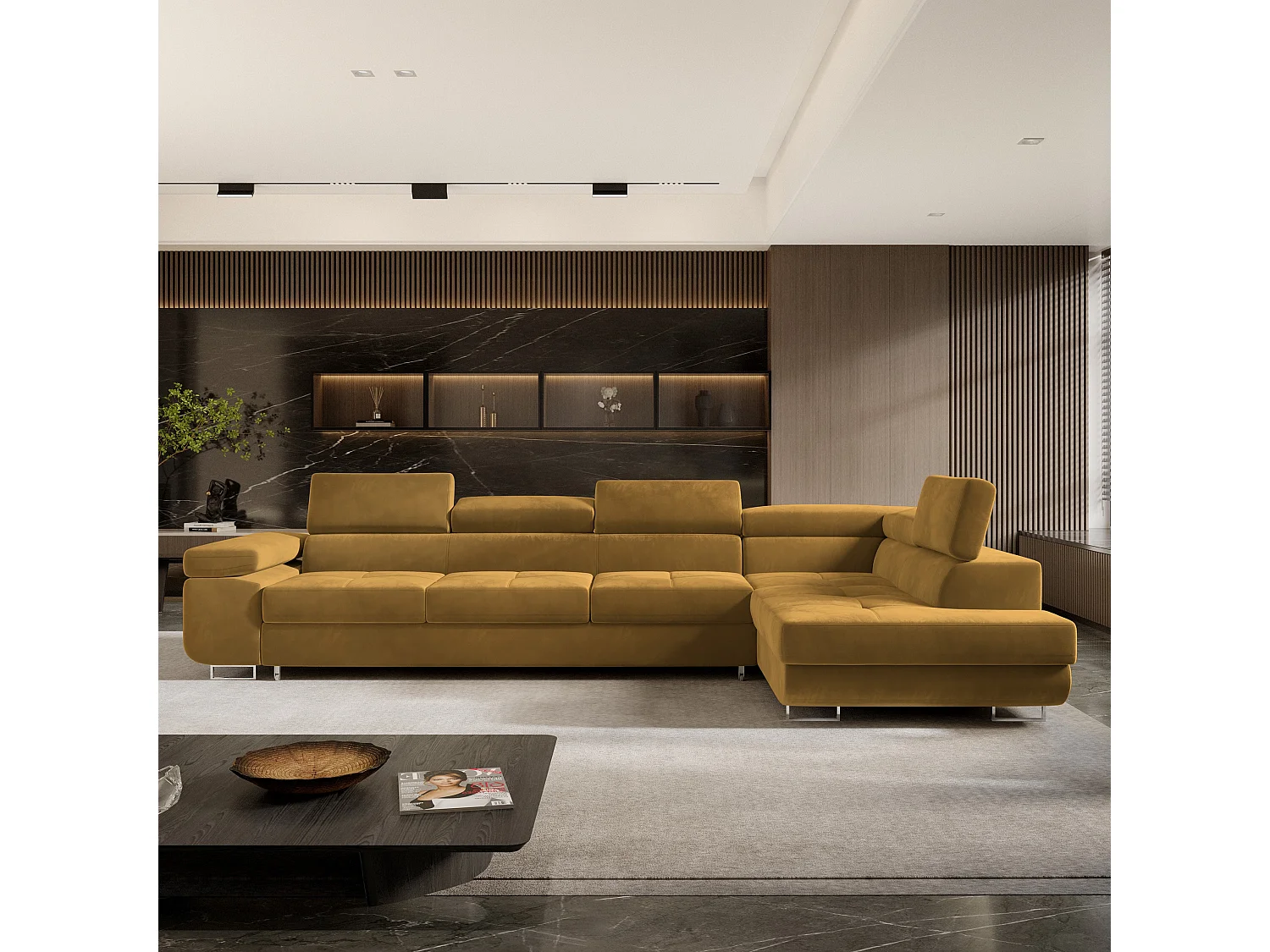 Hoekbank VICENTE van fluweel met slaapfunctie Gelb