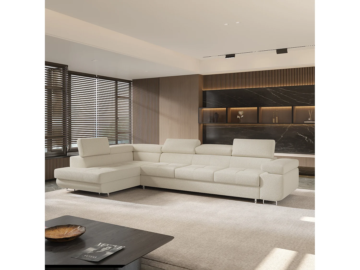 Hoekbank VICENTE van fluweel met slaapfunctie Creme