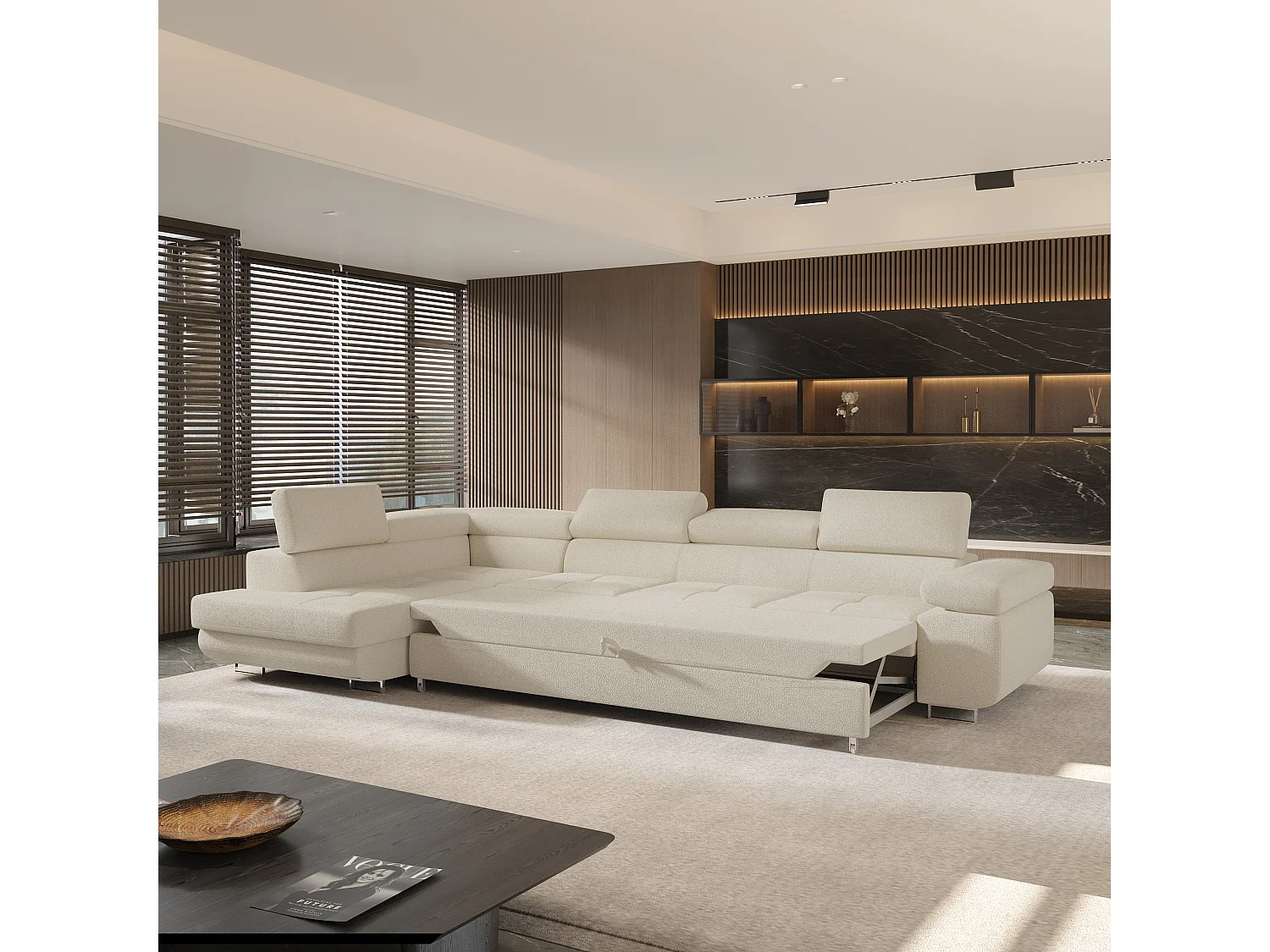 Hoekbank VICENTE van fluweel met slaapfunctie Creme