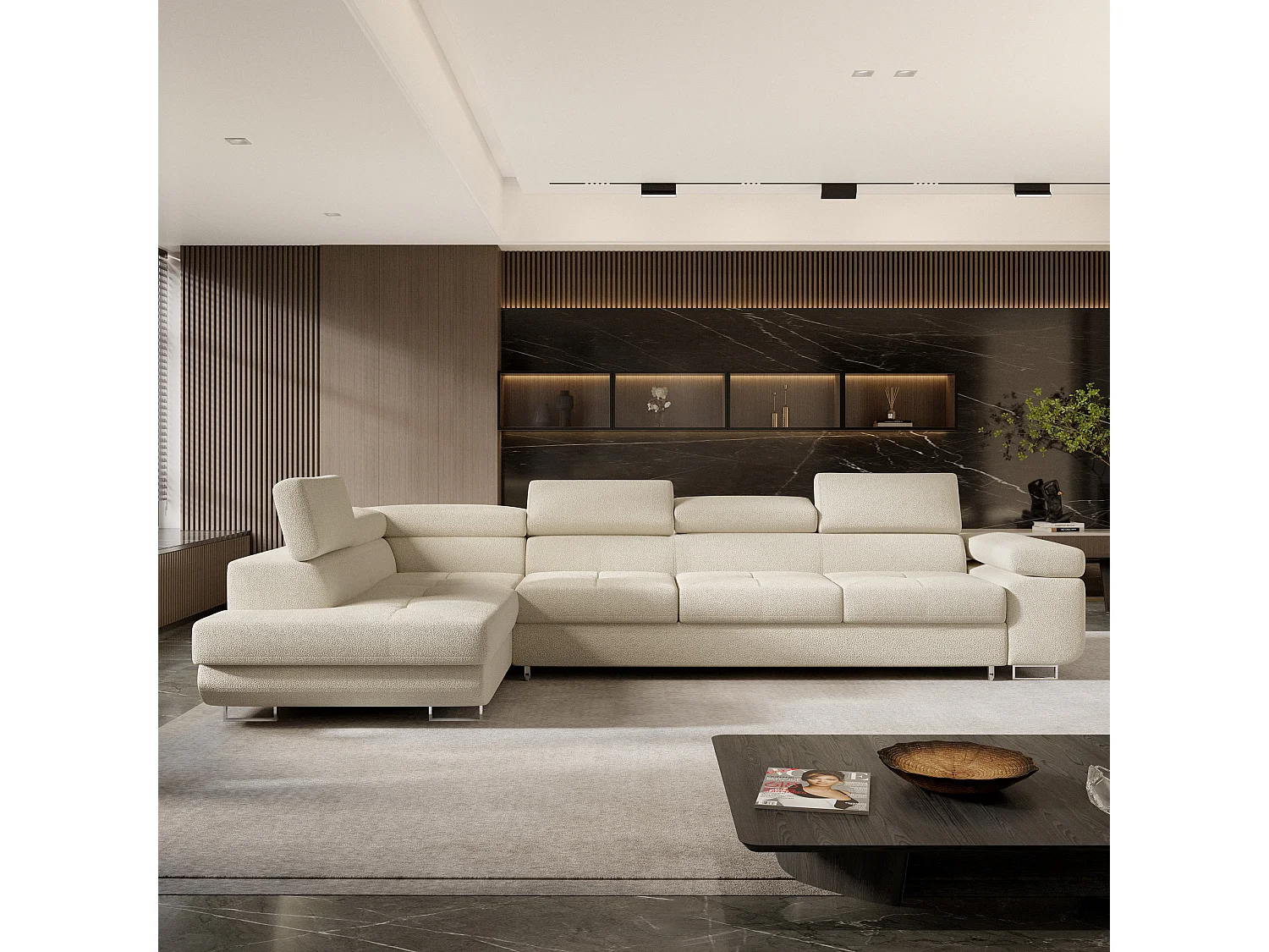 Hoekbank VICENTE van fluweel met slaapfunctie Creme