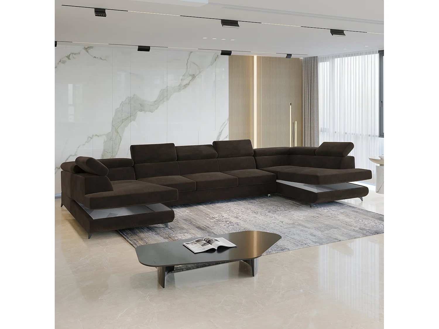 Canapé d'angle URMANO Marron en velours avec fonction de couchage