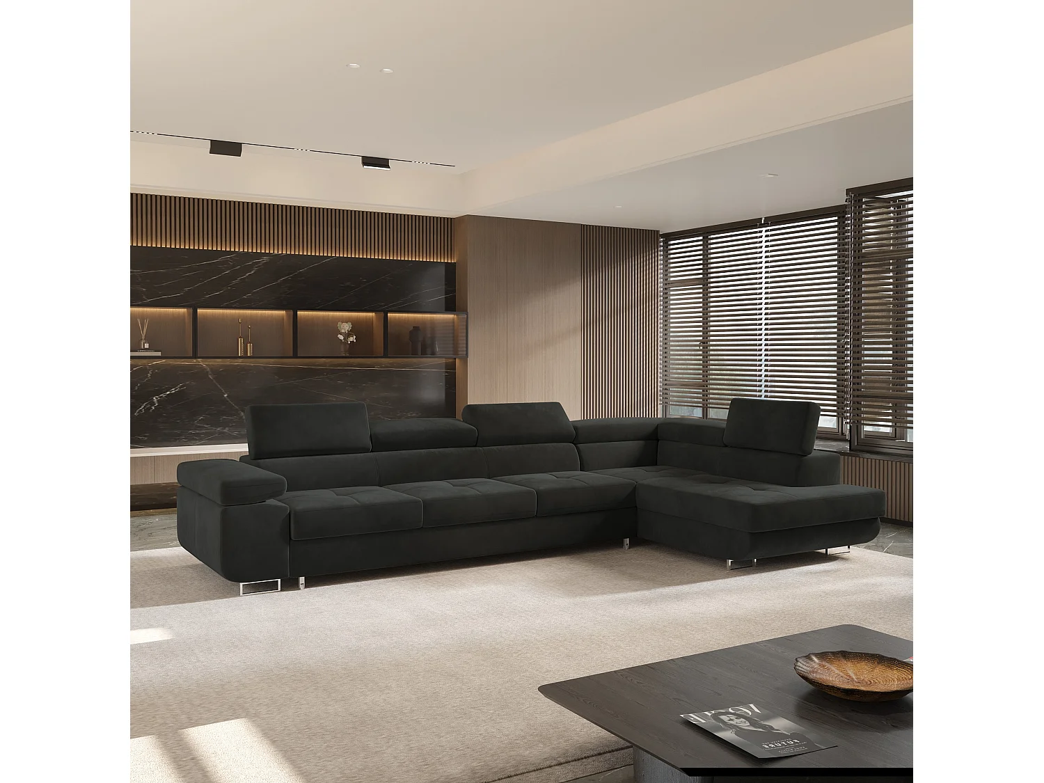 Hoekbank VICENTE van fluweel met slaapfunctie Schwarz