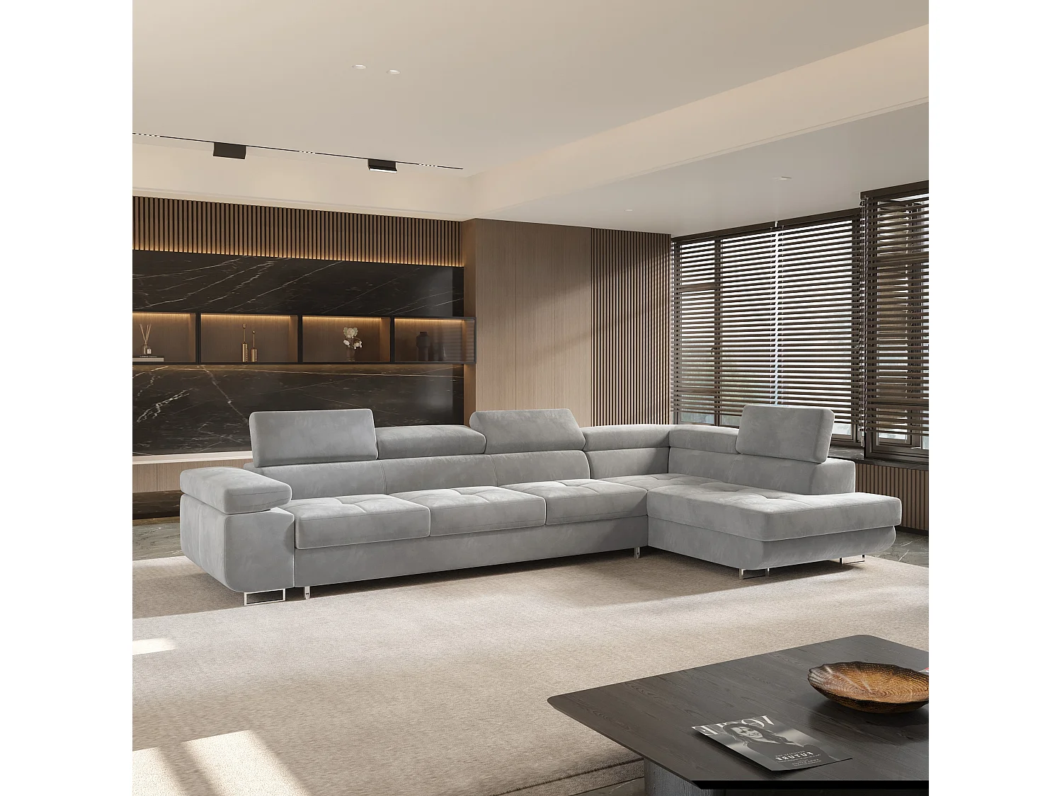 Hoekbank VICENTE van fluweel met slaapfunctie Hellgrau