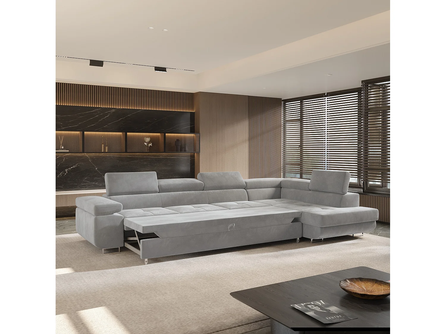Hoekbank VICENTE van fluweel met slaapfunctie Hellgrau