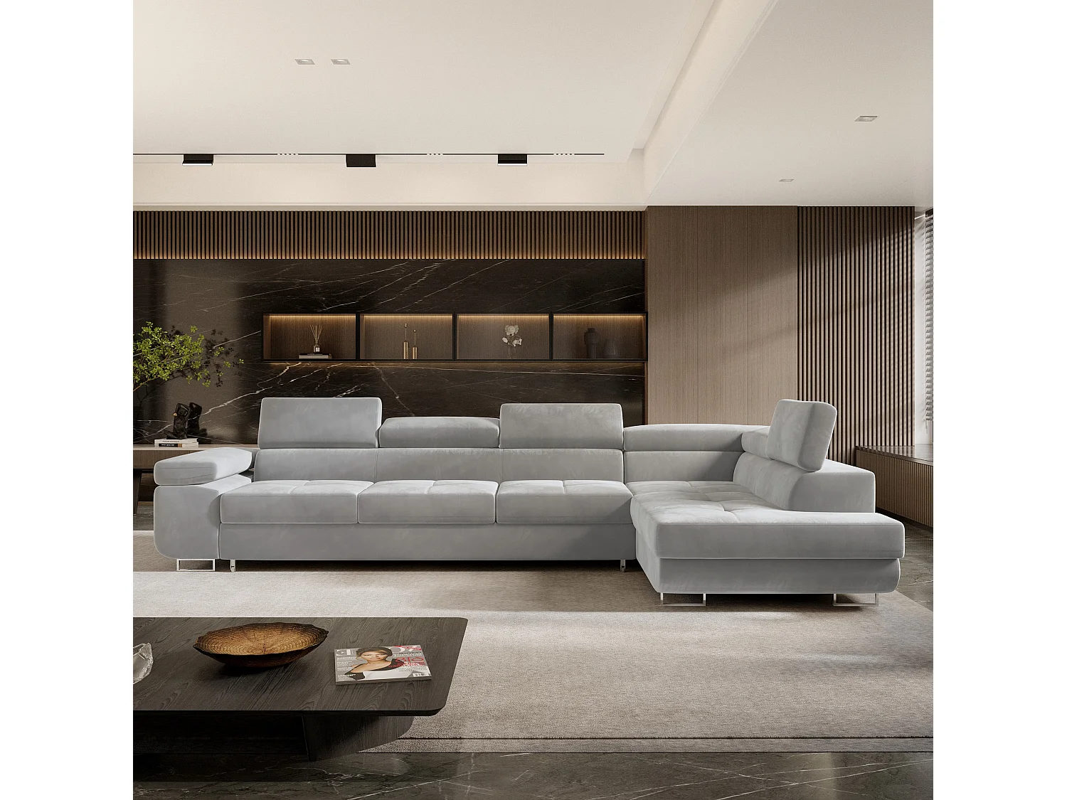 Hoekbank VICENTE van fluweel met slaapfunctie Hellgrau