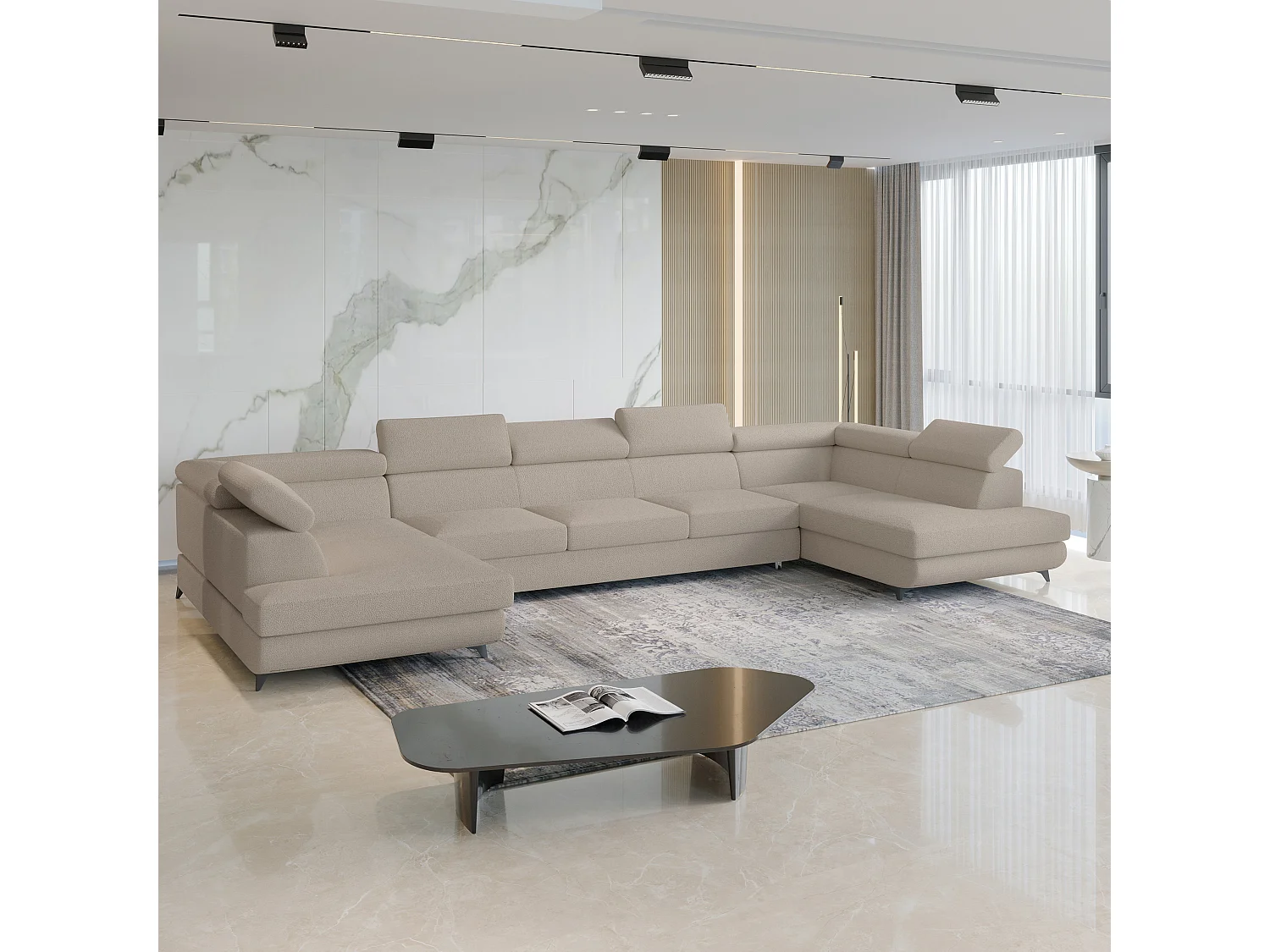 Hoekbank URMANO van fluweel met slaapfunctie Beige