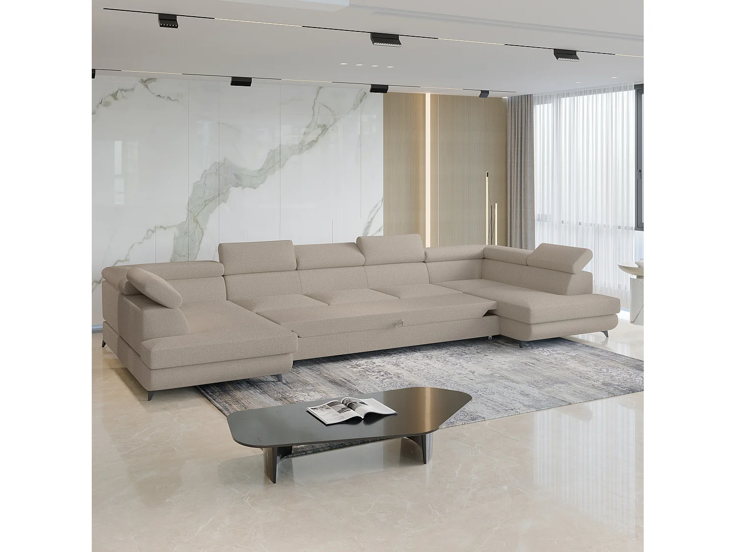 Hoekbank URMANO van fluweel met slaapfunctie Beige