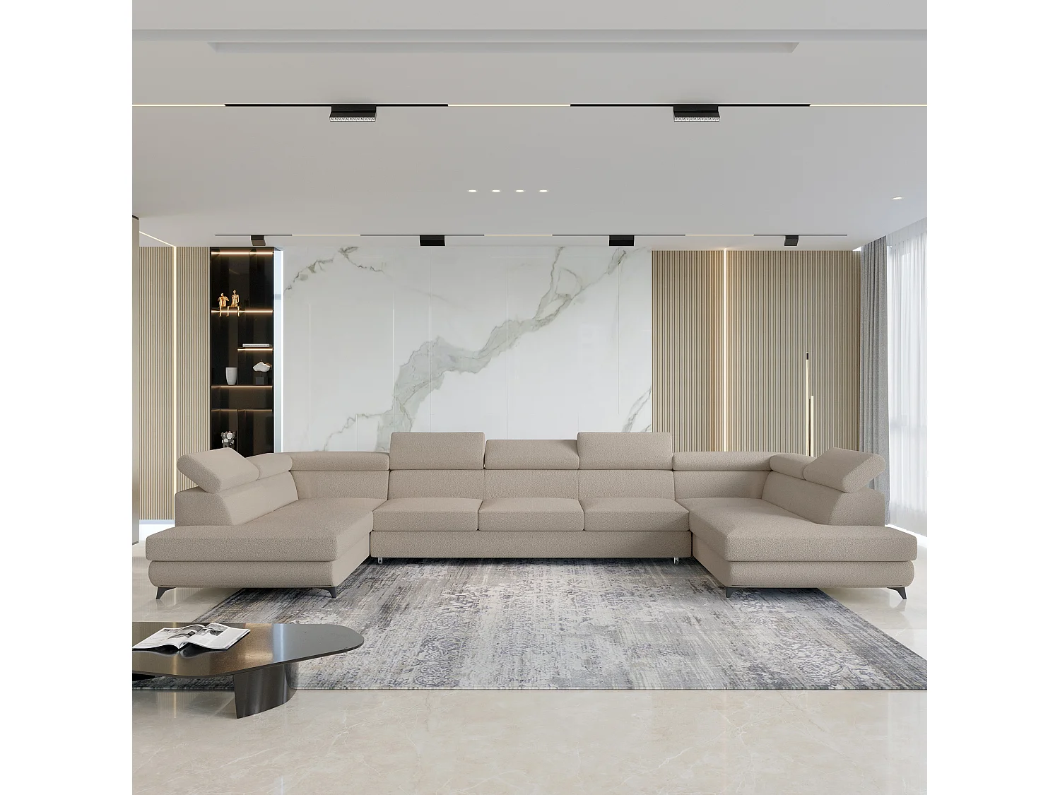 Canapé d'angle URMANO Beige en bouclé avec fonction de couchage