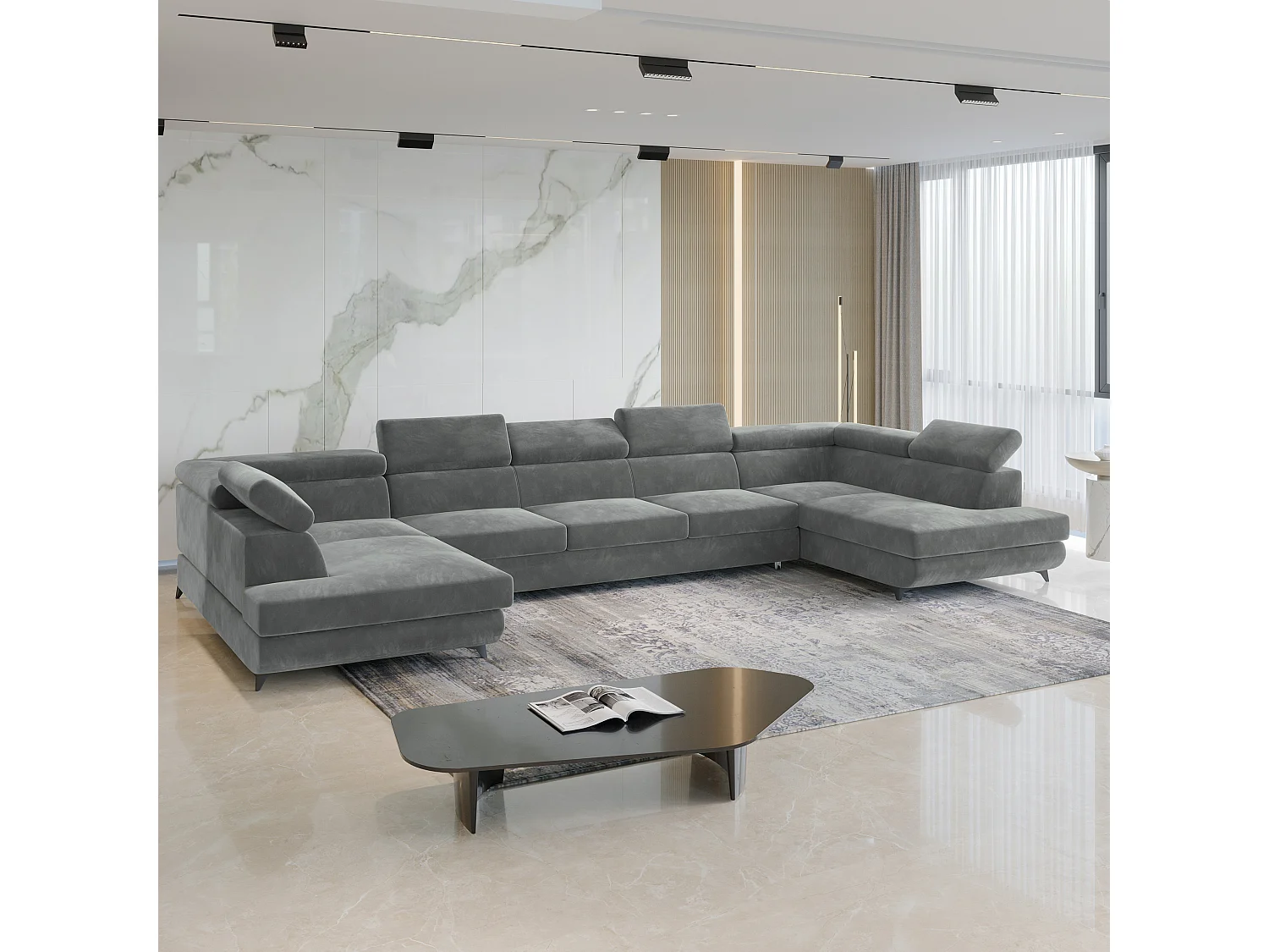 Canapé d'angle URMANO Gris en velours avec fonction de couchage